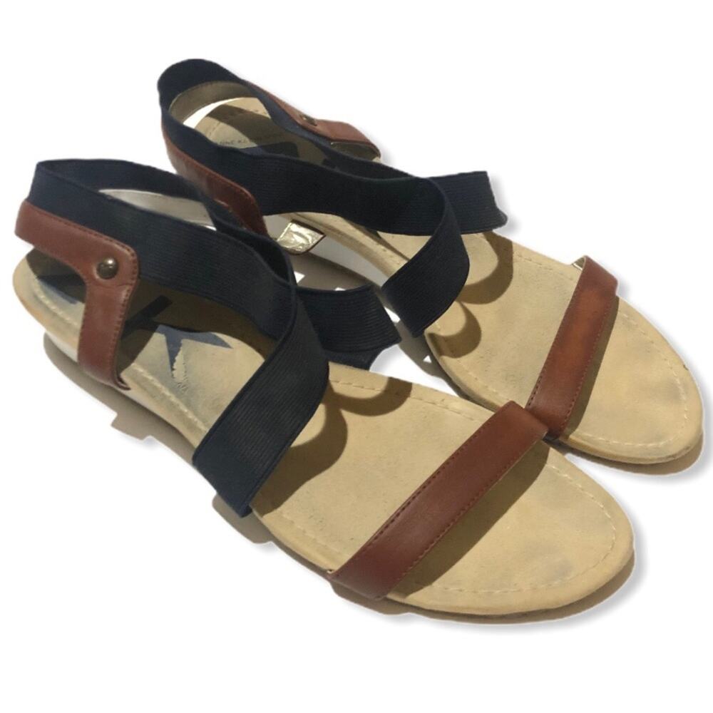 Anne Klein Sport Wedge Slip On Open Toe Sandal Shoe Navy Brown Womens 11 Casual